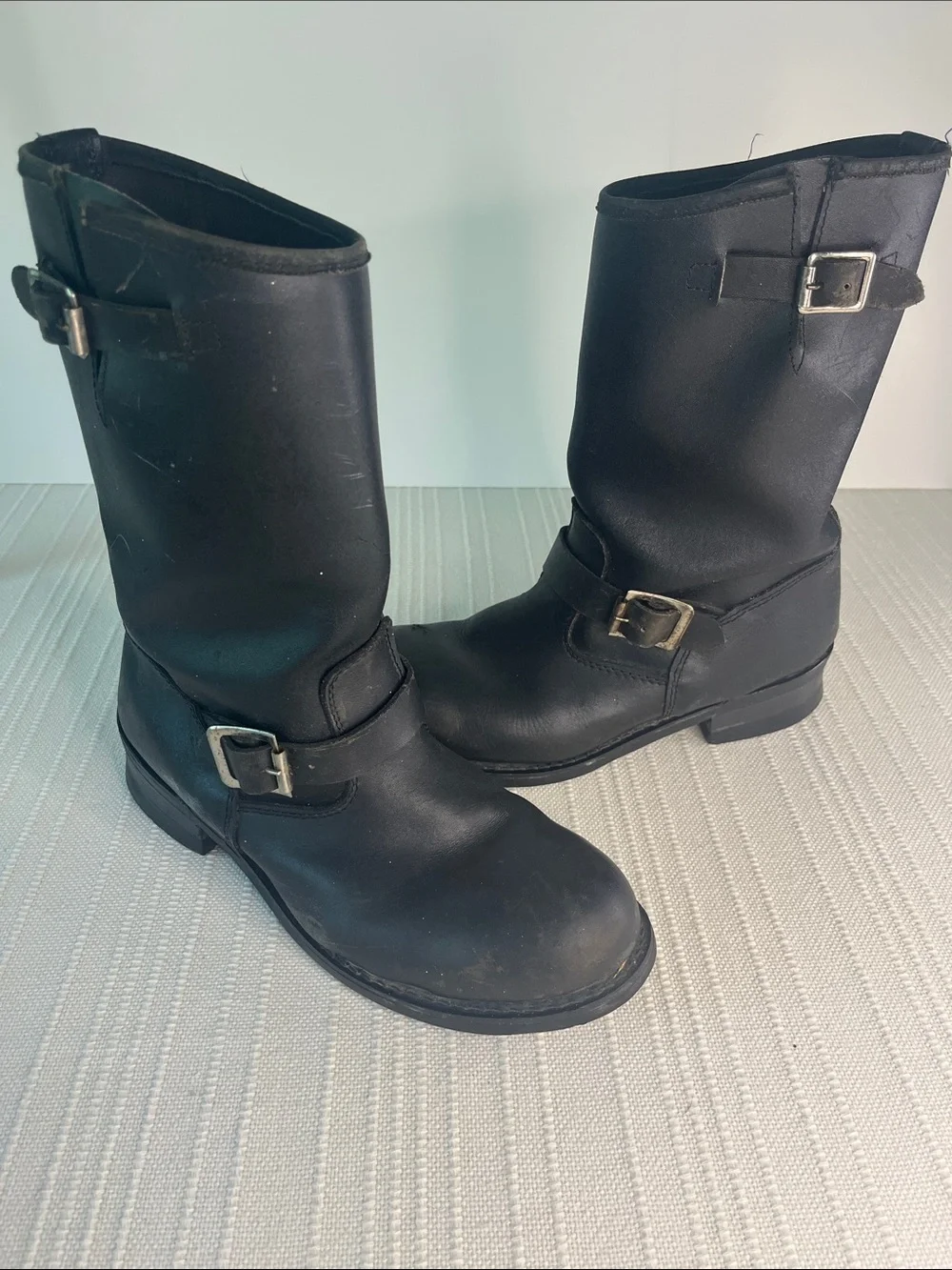 Motorcycle MENS  classic  Black Leather Mid-Calf Engineer Boots, sz 9.5 E wide